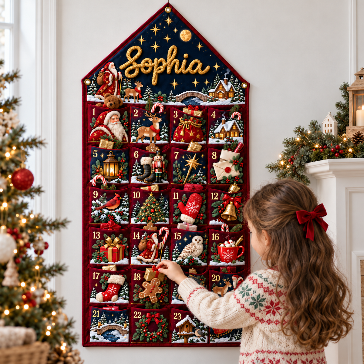 Custom Name Burgundy Embroid Christmas Advent Calendar Santa Reindeer Hanging Pocket