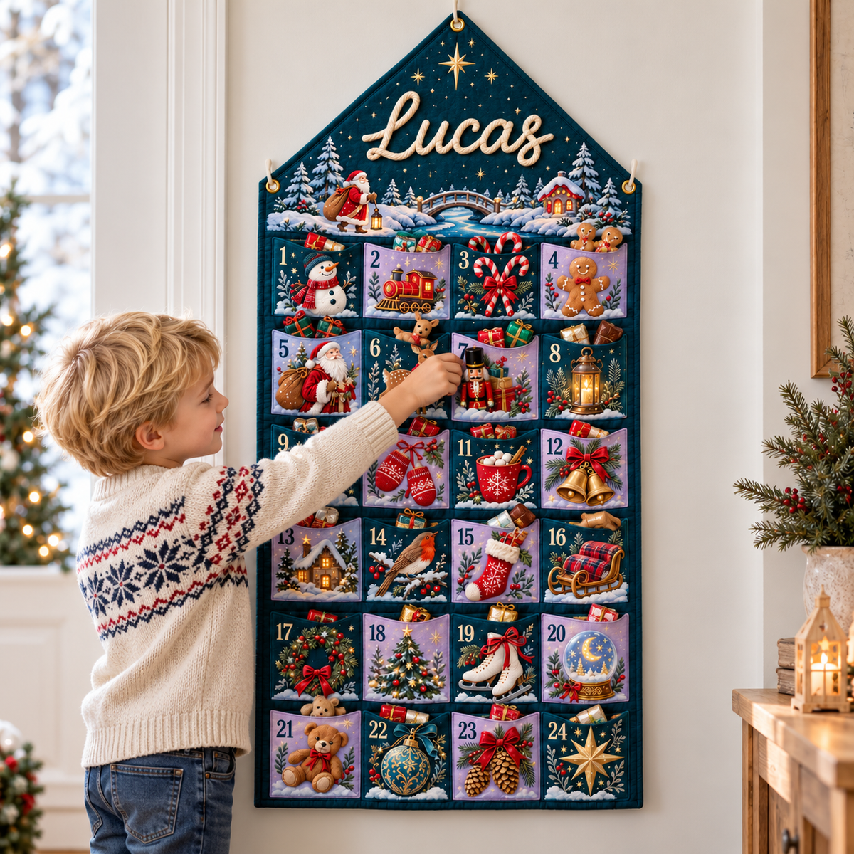 Custom Name Teal Embroid Christmas Advent Calendar Festive Snowman Wall Hanging Pocket