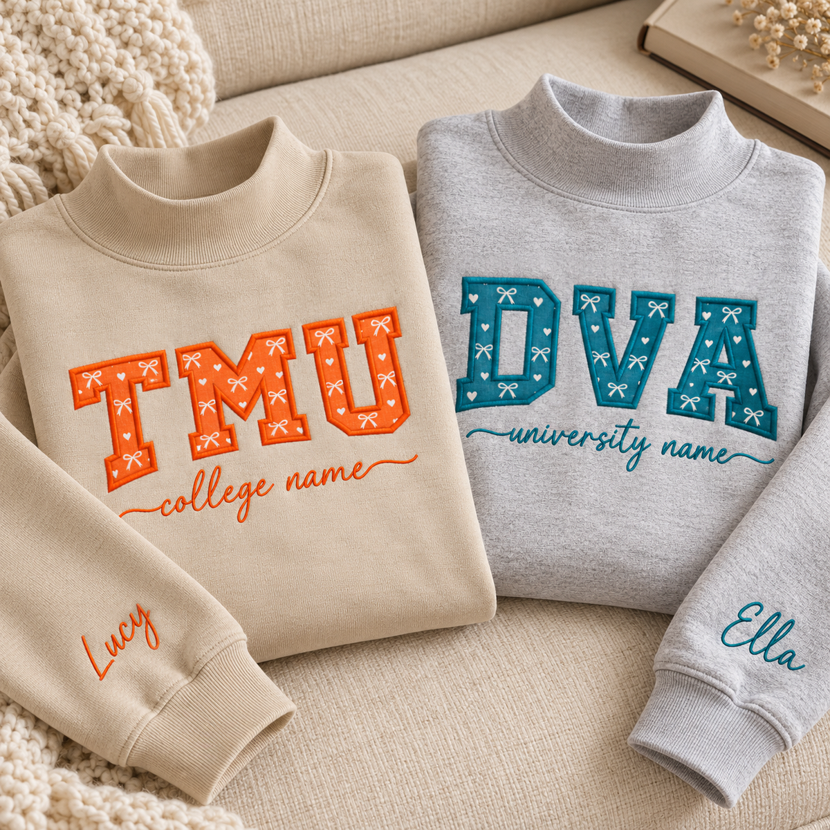 Custom University Mockneck Sweatshirt Plaid Collar Custom College Sleeve Name Pullover