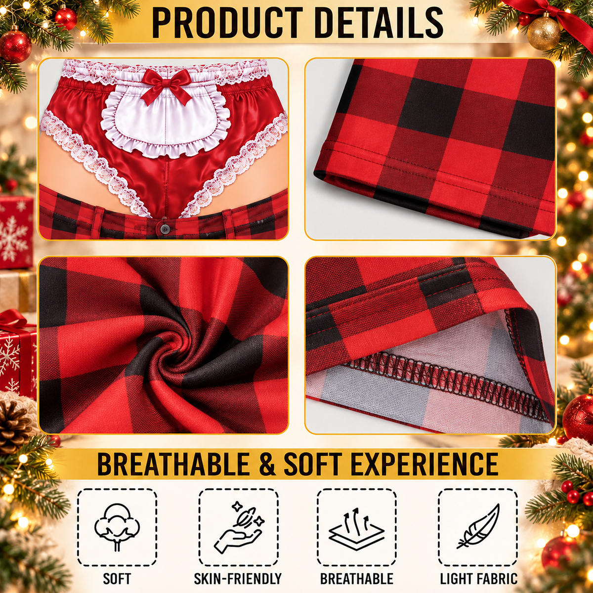 Custom Christmas Plaid Buffalo Check Funny Pajamas Open Back Chaps Loungewear Pants
