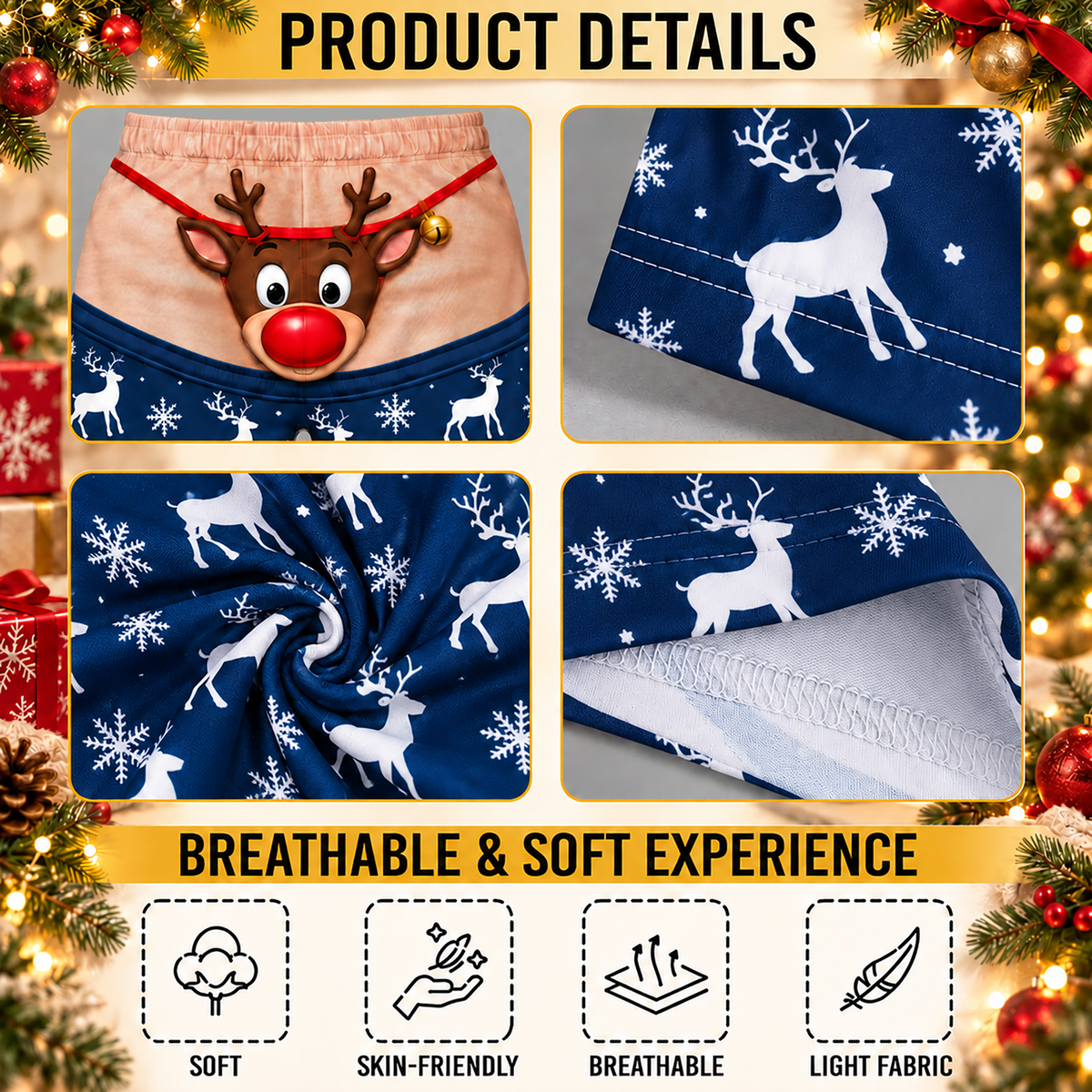 Custom Christmas Reindeer Snowflake Nose Tail Thong Men Pajama Pants Sleepwear Bottoms