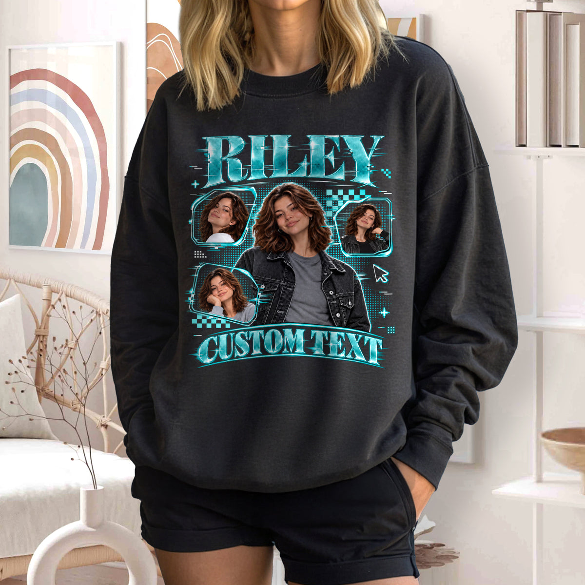 Custom Photo T-Shirt Y2K Neon Grid Aesthetic Tee Personalized Picture Name Clothing
