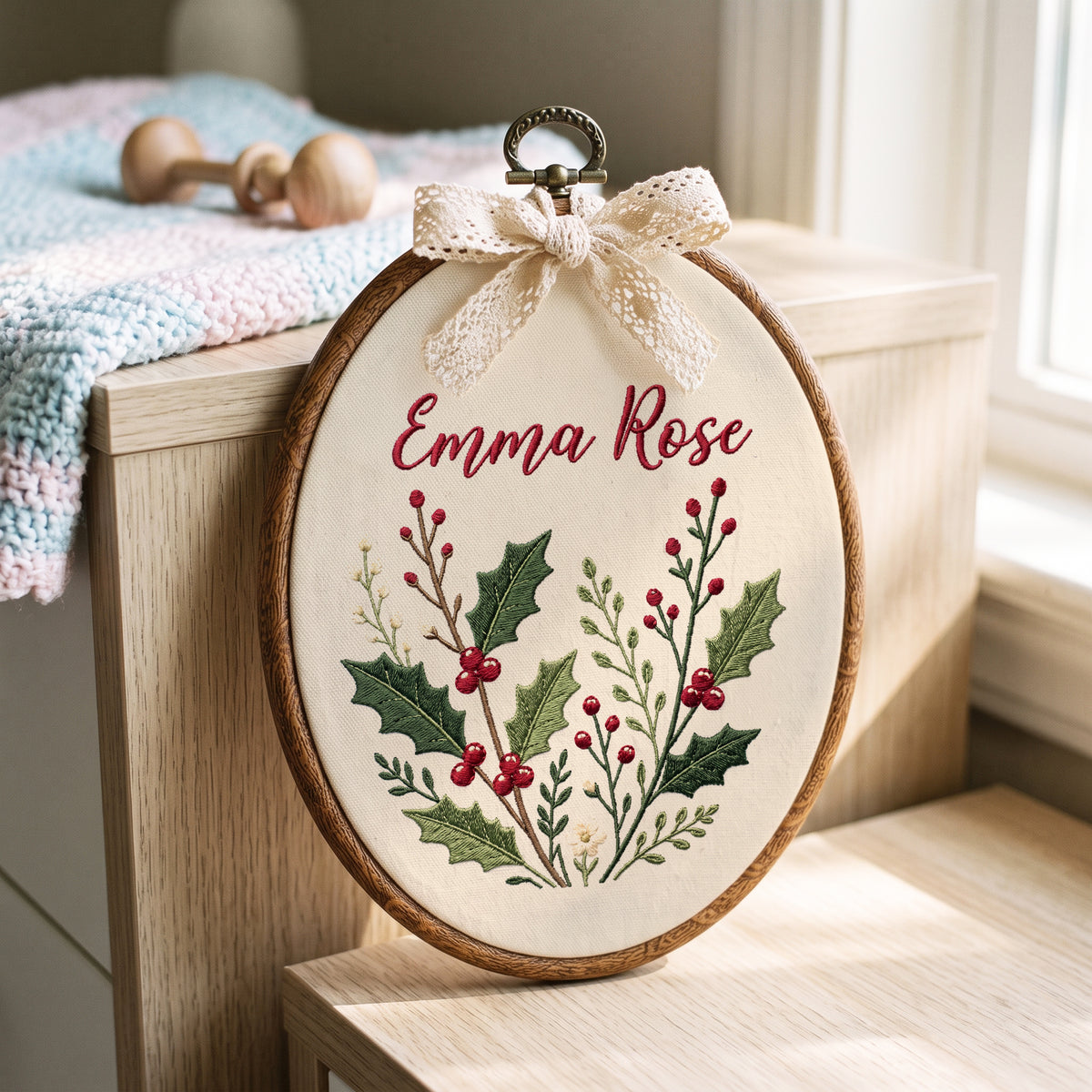 Personalized Baby Name Holly Berries Greenery Leaves Embroidery Hoop Art Nursery Keepsake