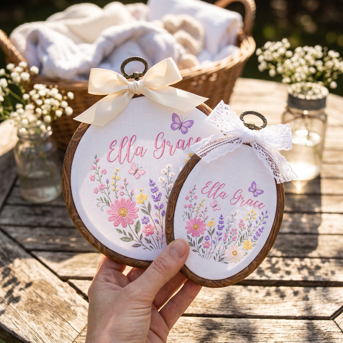 Personalized Baby Name Wildflowers Butterflies Embroidery Hoop Art Nursery Decor Keepsake