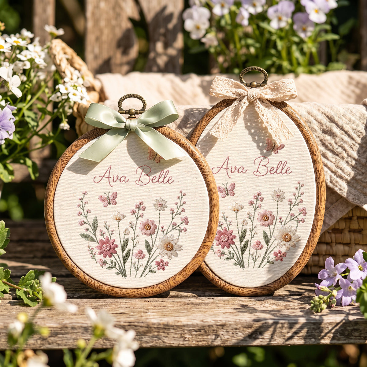 Personalized Blue Wildflowers Butterflies Embroidery Hoop Art Nursery Decor Keepsake
