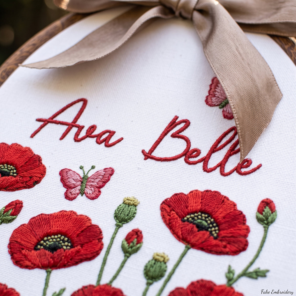 Personalized Baby Name Red Poppies Butterflies Embroidery Hoop Art Nursery Decor Keepsake
