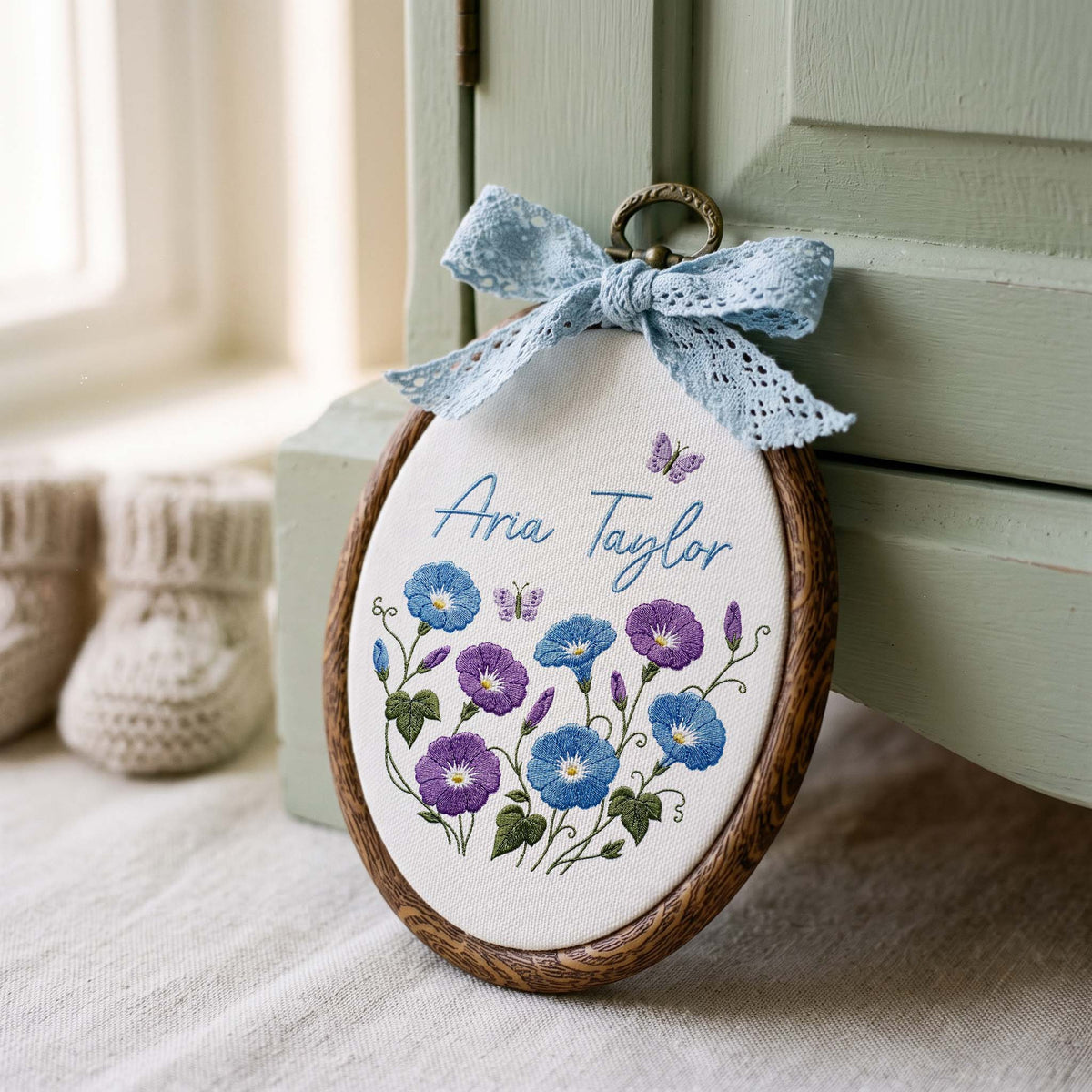 Custom Baby Name Morning Glory Butterflies Embroidery Hoop Art Nursery Decor Keepsake