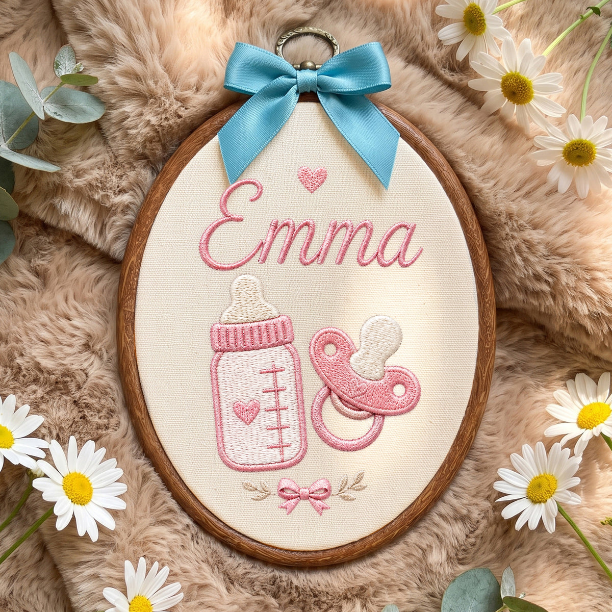Personalized Baby Bottle Pacifier Embroidery Hoop Art Custom Nursery Decor Keepsake
