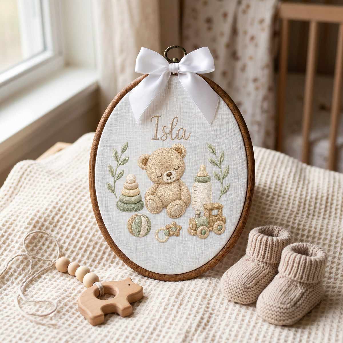 Personalized Baby Name Teddy Bear Toys Embroidery Hoop Art Custom Nursery Decor Keepsake