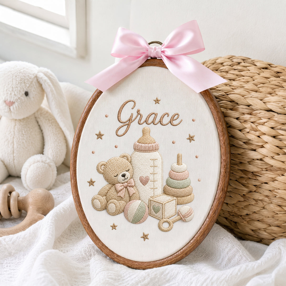 Personalized Baby Name Gingham Teddy Bear Toys Embroidery Hoop Art Nursery Keepsake