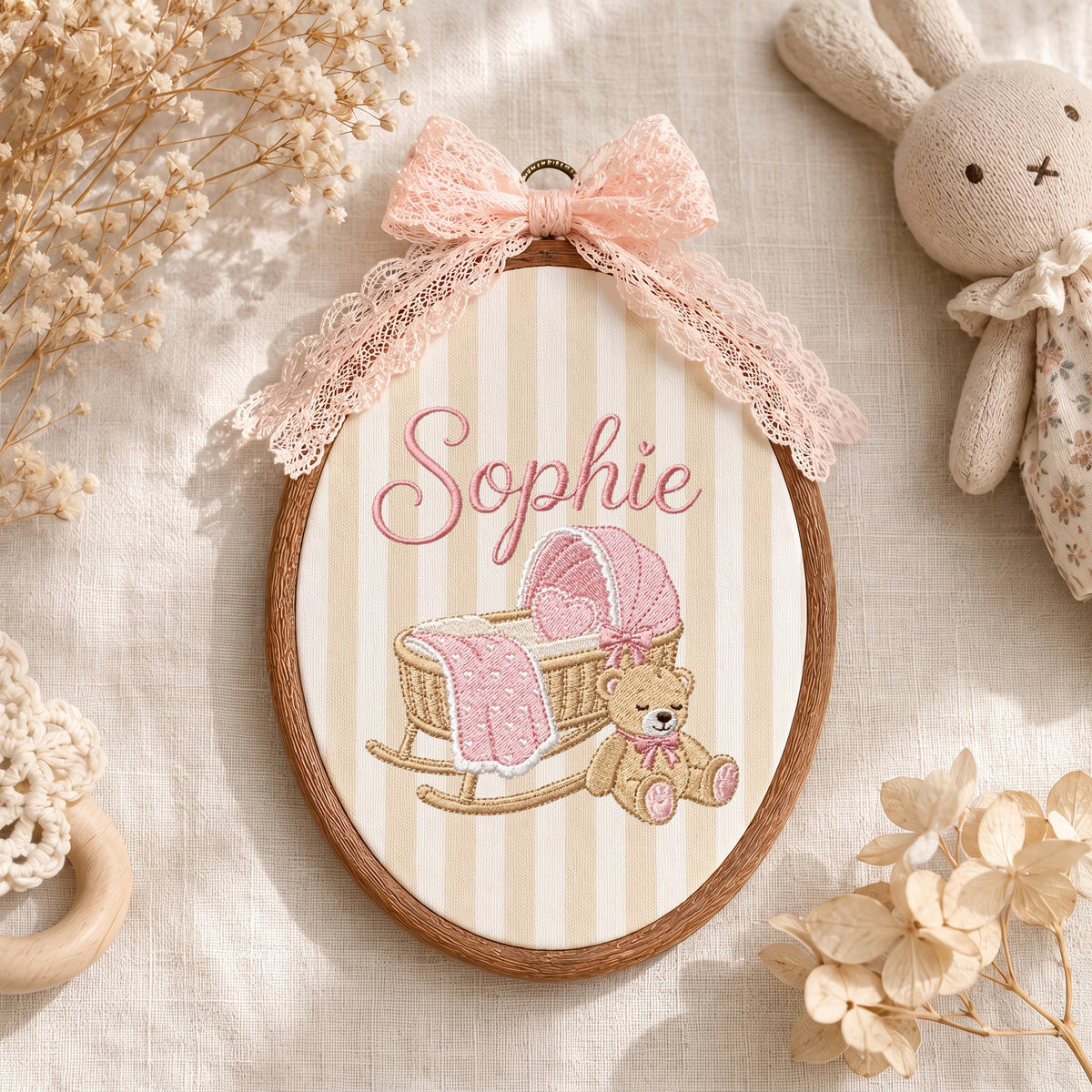 Personalized Baby Name Gingham Rocking Cradle Teddy Bear Embroidery Hoop Art Keepsake