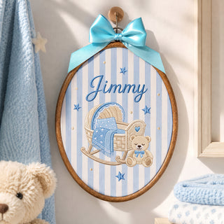 Handmade Baby Name Rocking Cradle Teddy Bear Embroidery Hoop Art Nursery Keepsake