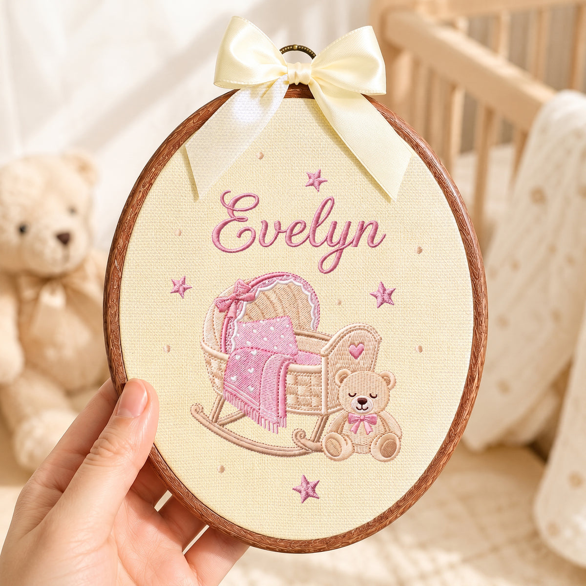 Personalized Baby Name Rocking Cradle Teddy Bear Embroidery Hoop Art Nursery Keepsake