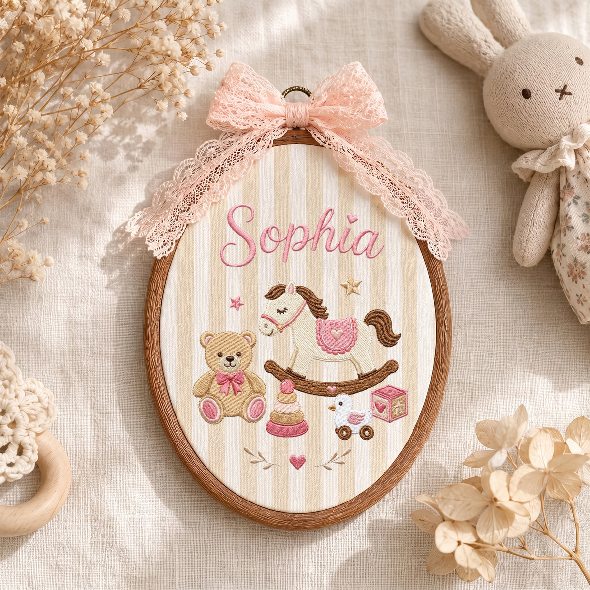 Personalized Baby Name Rocking Horse Teddy Bear Toys Embroidery Hoop Art Keepsake