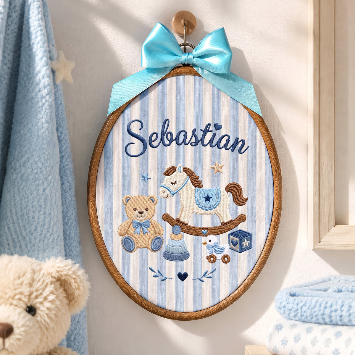 Custom Baby Name Rocking Horse Teddy Bear Toys Embroidery Hoop Art Nursery Keepsake