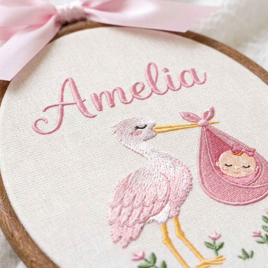 Custom Baby Name Stork Bird Bundle Embroidery Hoop Art Custom Nursery Decor Keepsake