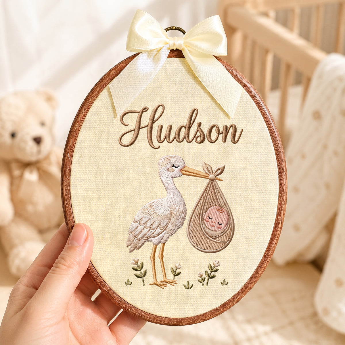 Neutral Beige Stork Bird Bundle Embroidery Hoop Art Custom Nursery Decor Keepsake