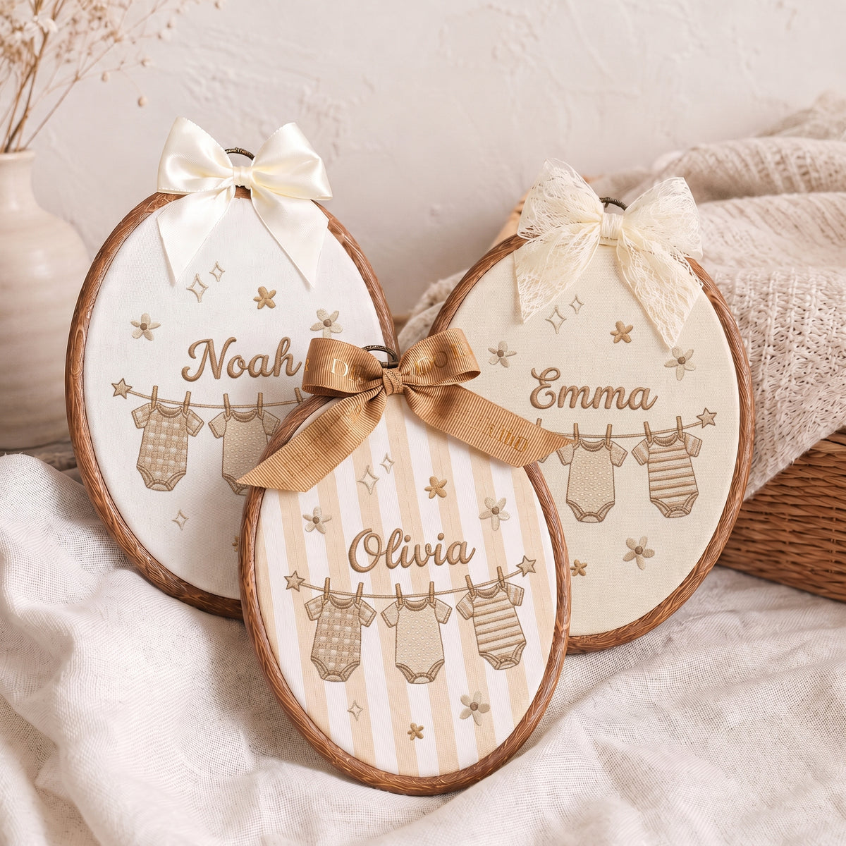 Custom Baby Name Hanging Onesies Clothesline Embroidery Hoop Art Nursery Keepsake
