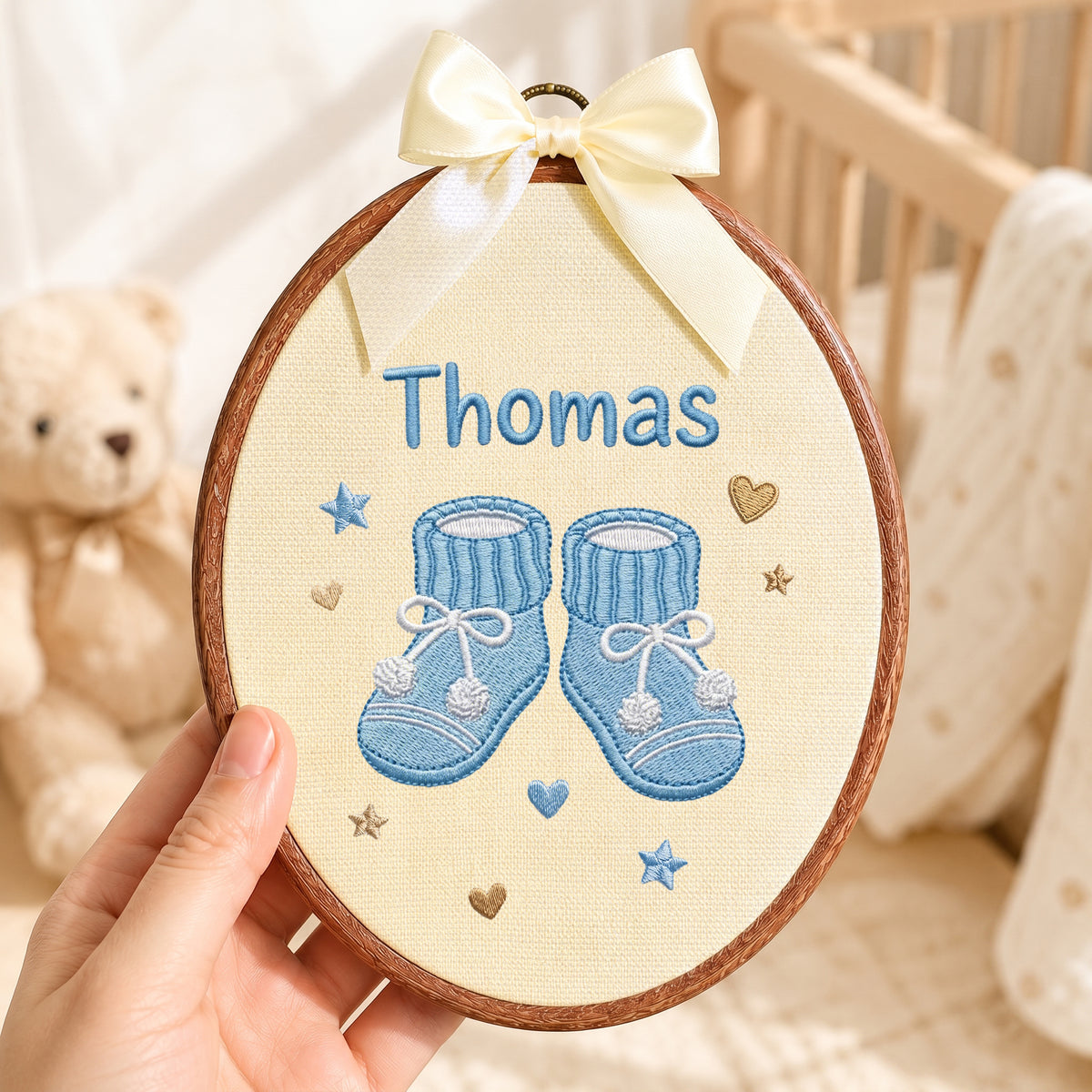 Personalized Baby Name Knitted Booties Embroidery Hoop Art Custom Nursery Keepsake