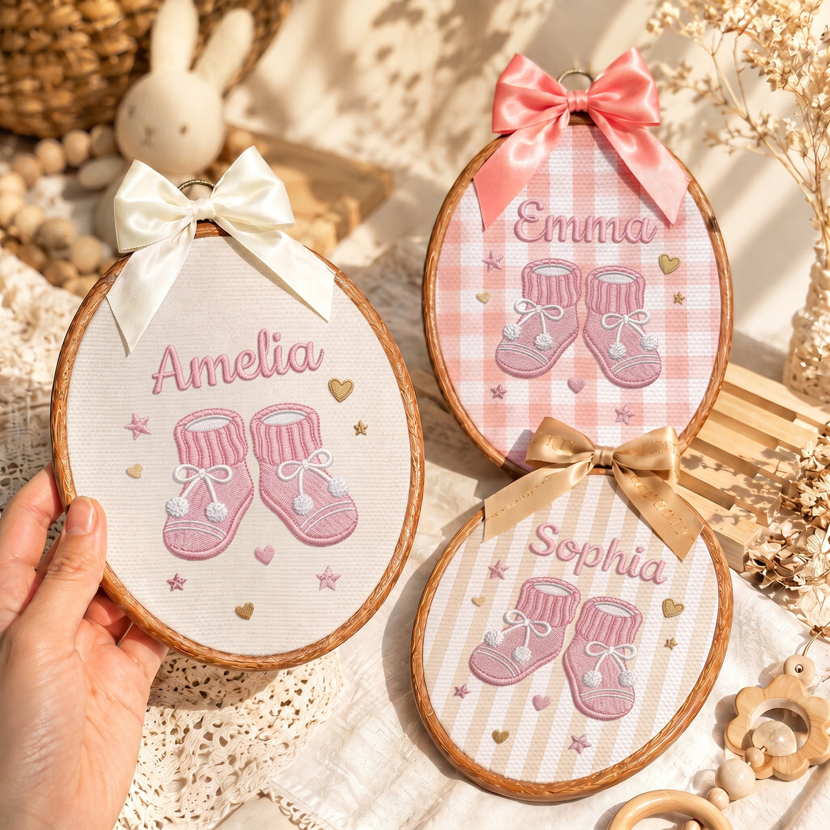 Handmade Baby Name Knitted Booties Embroidery Hoop Art Custom Nursery Decor Keepsake