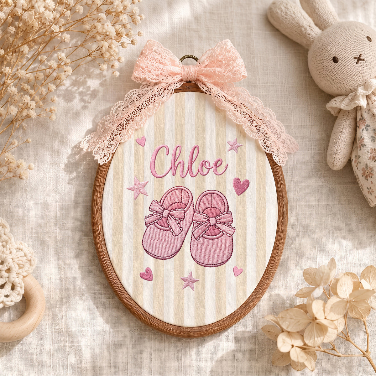 Personalized Baby Name Cute Shoes Embroidery Hoop Art Custom Nursery Decor Keepsake