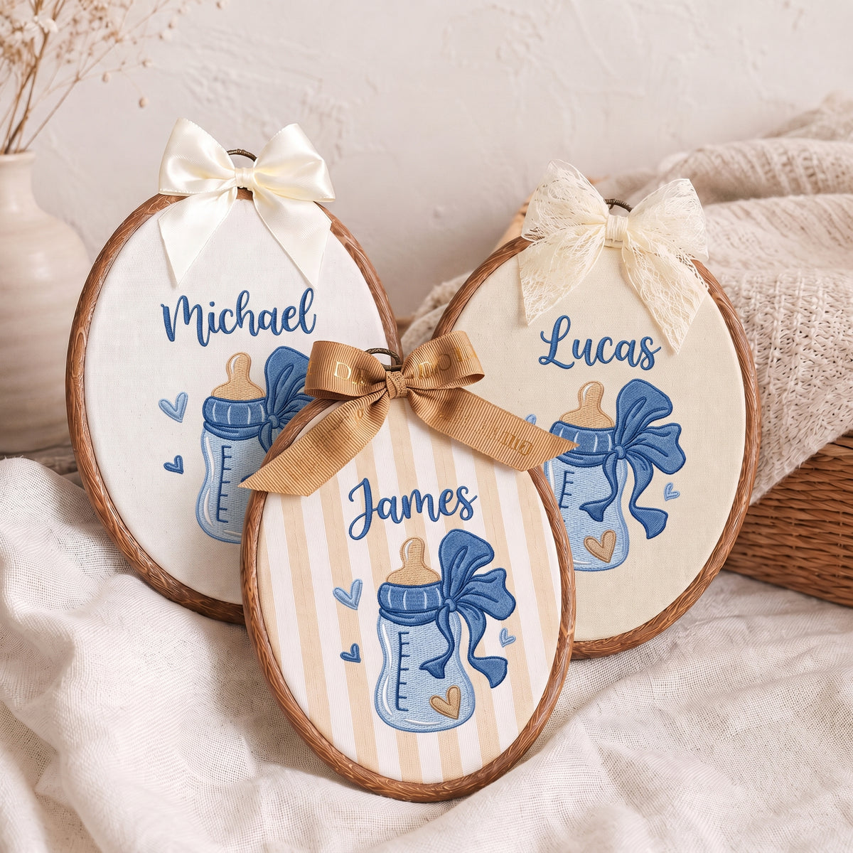 Personalized Baby Name Blue Feeding Bottle Embroidery Hoop Art Nursery Decor Keepsake