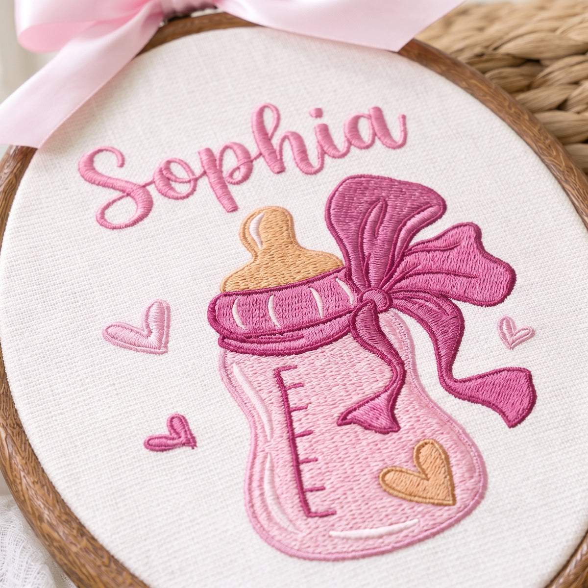 Personalized Baby Name Pink Feeding Bottle Embroidery Hoop Art Nursery Decor Keepsake