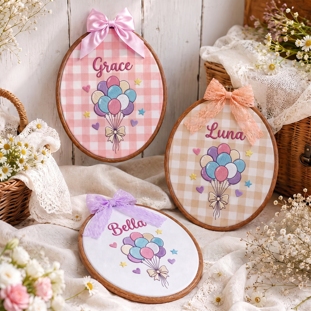 Personalized Baby Name Balloon Embroidery Hoop Art Custom Nursery Wall Decor Keepsake