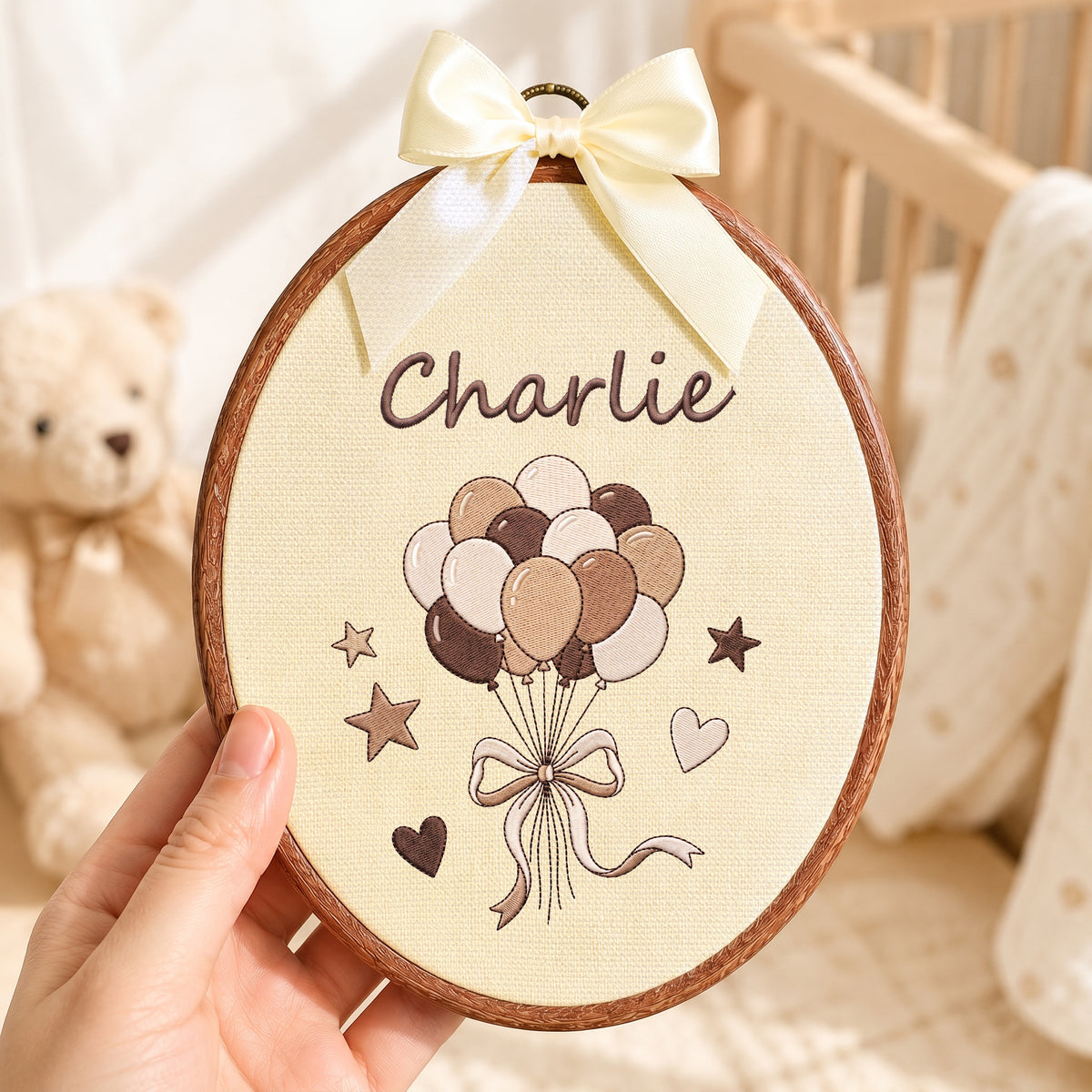 Personalized Baby Name Neutral Balloon Embroidery Hoop Art Custom Nursery Decor Keepsake