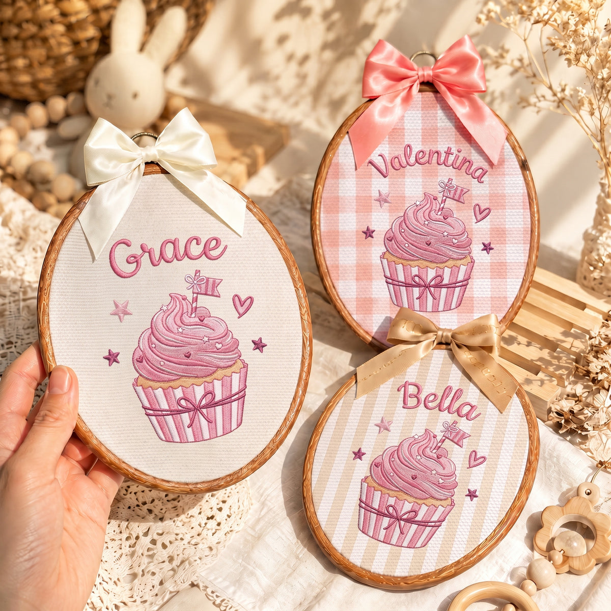 Handmade Baby Name Cupcake Embroidery Hoop Art Custom Nursery Wall Decor Keepsake