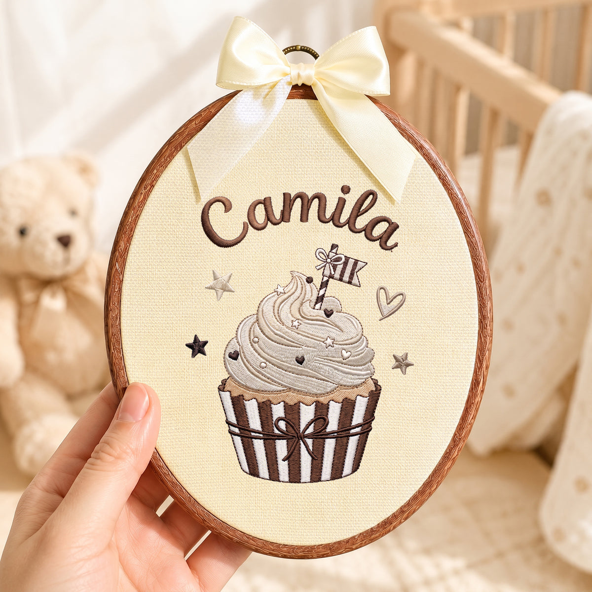 Personalized Baby Name Neutral Cupcake Embroidery Hoop Art Custom Nursery Decor Keepsake