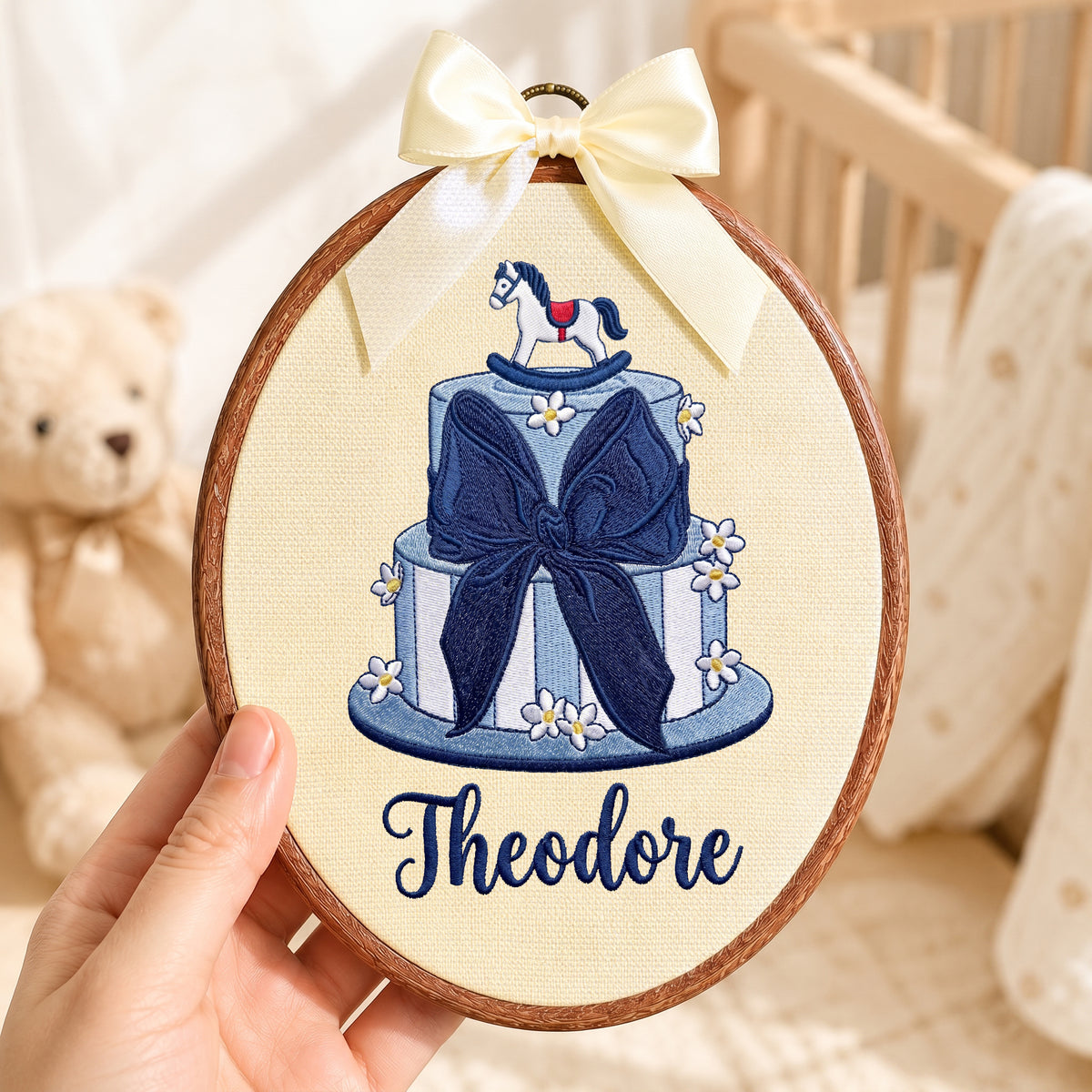 Handmade Baby Name Rocking Horse Cake Embroidery Hoop Art Custom Nursery Decor Keepsake