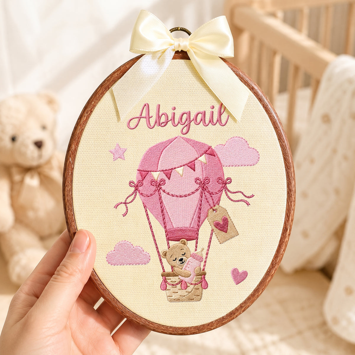 Custom Baby Name Bear Balloon Embroidery Hoop Art Nursery Wall Decor Personalized Keepsake