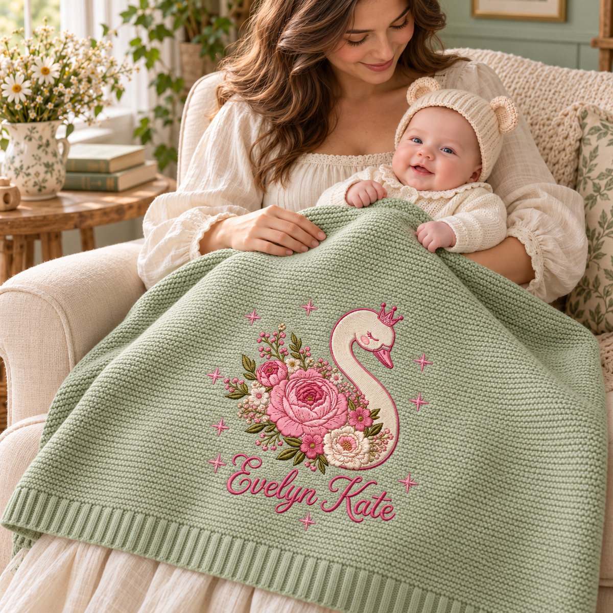 Custom Name Baby Knitted Blanket Swan Floral Crown Warm Infant Swaddle Sheet Throw Cover