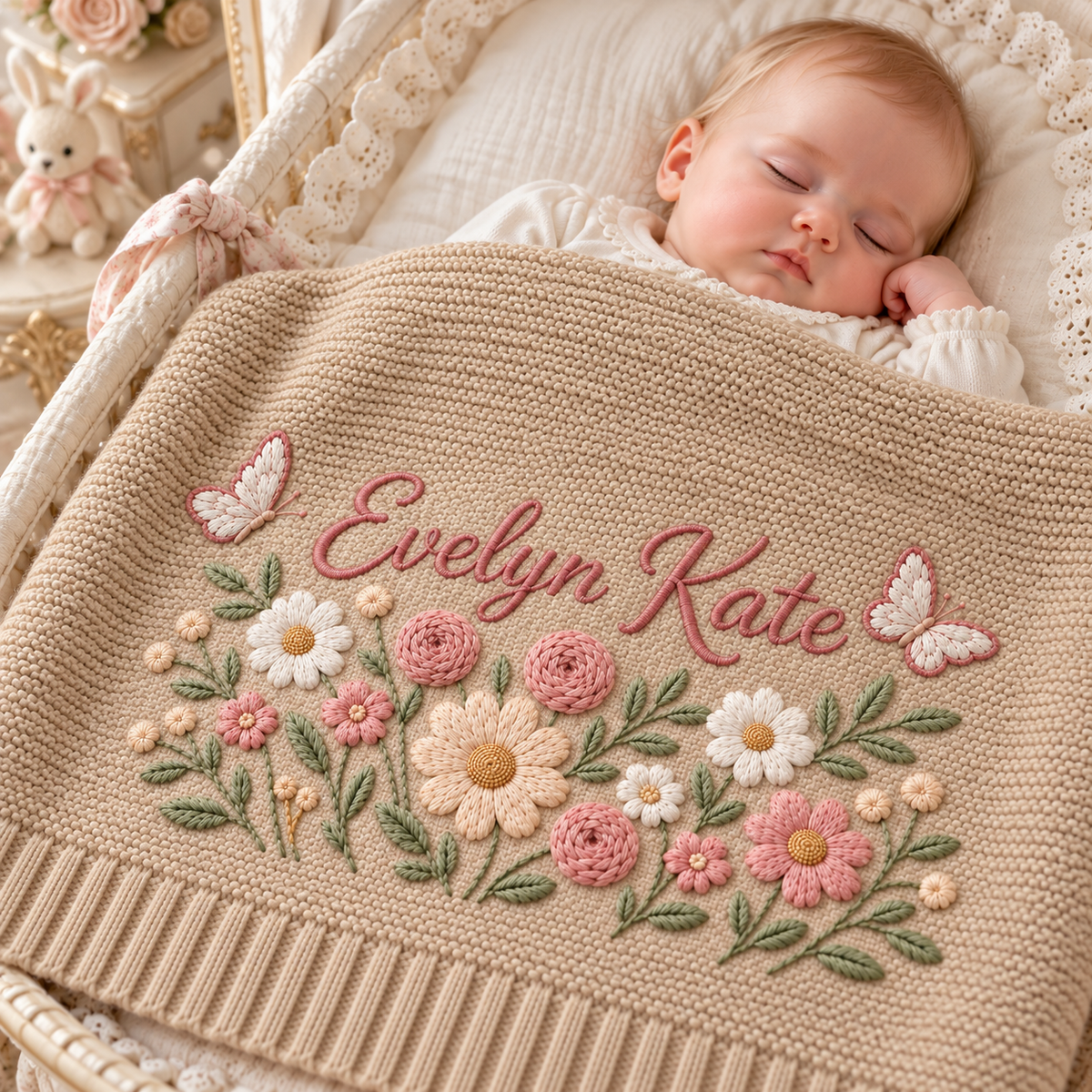 Custom Name Baby Knitted Blanket Garden Flowers Butterflies Warm Infant Swaddle Sheet