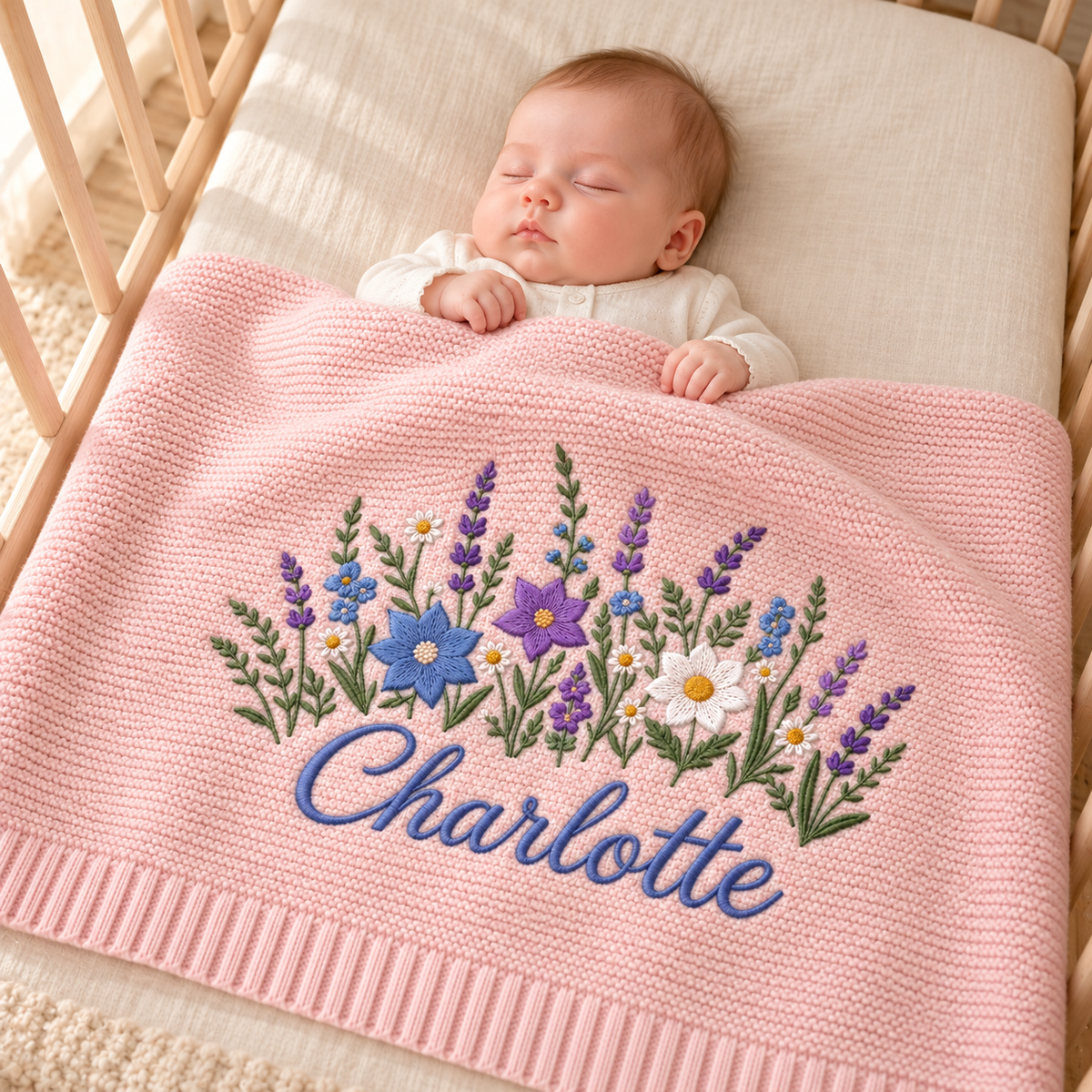Custom Name Baby Knitted Blanket Lavender Wildflowers Warm Infant Swaddle Sheet Throw