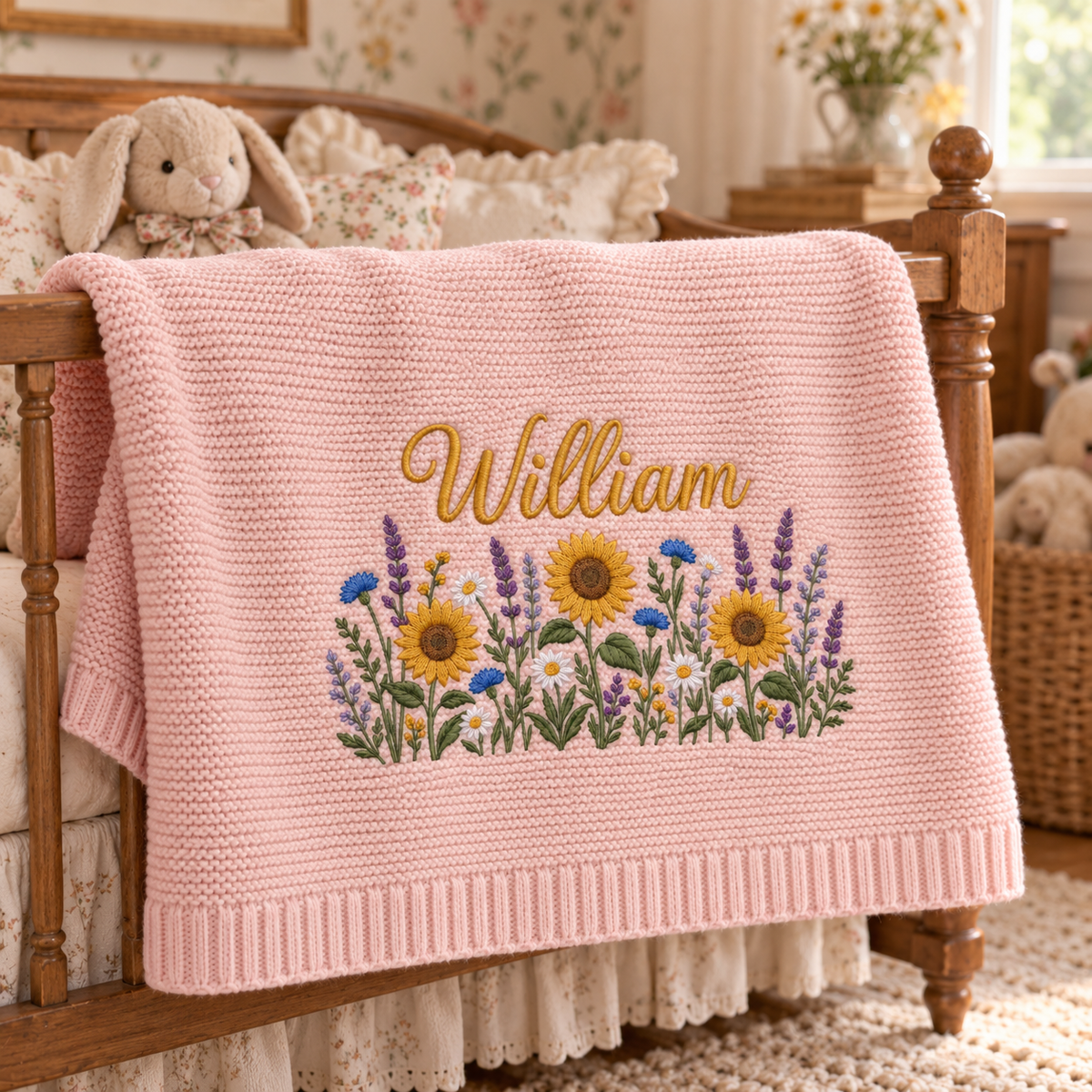 Custom Name Baby Knitted Blanket Sunflowers Lavender Warm Infant Swaddle Sheet Throw