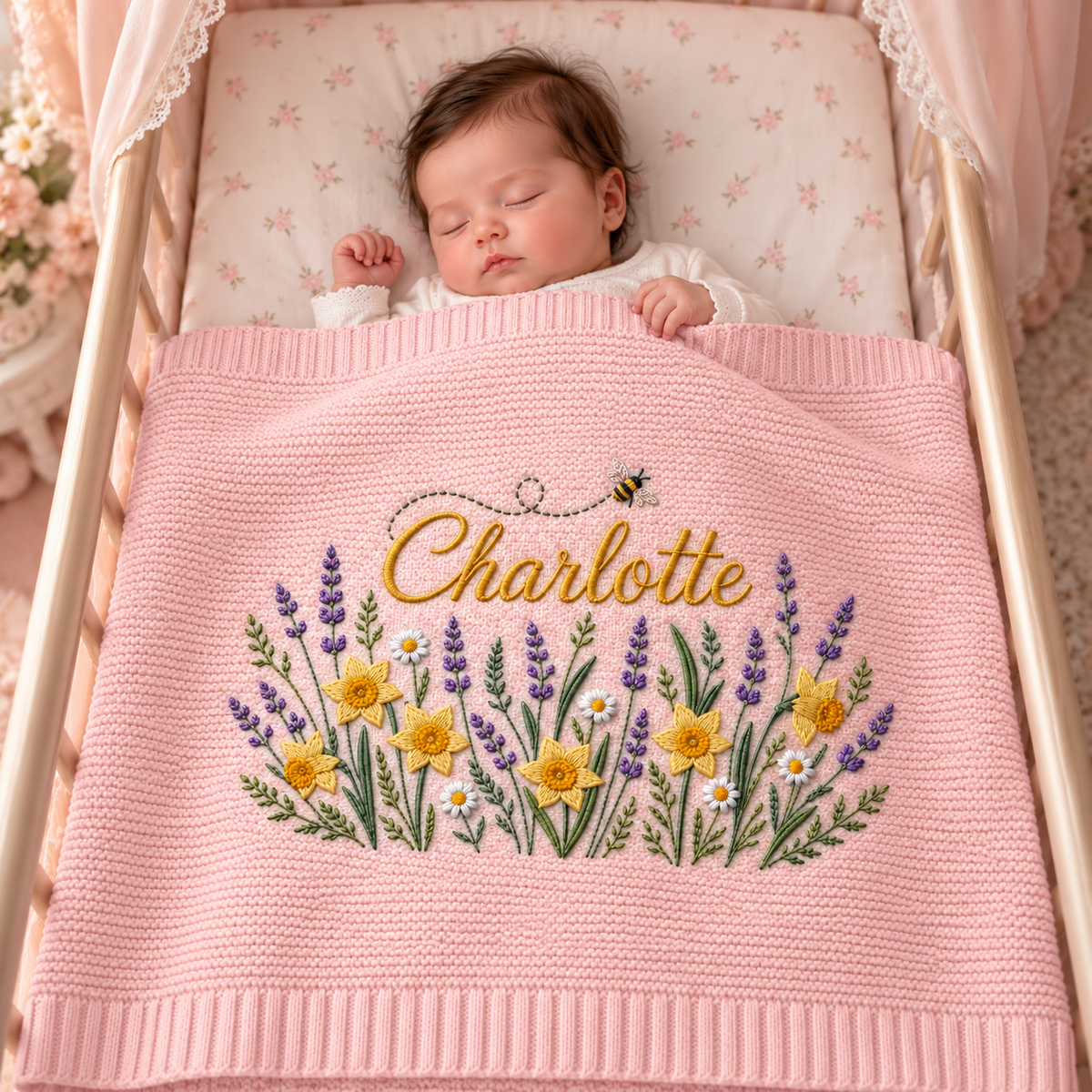 Custom Name Baby Knitted Blanket Daffodils Lavender Bee Warm Infant Swaddle Sheet Throw