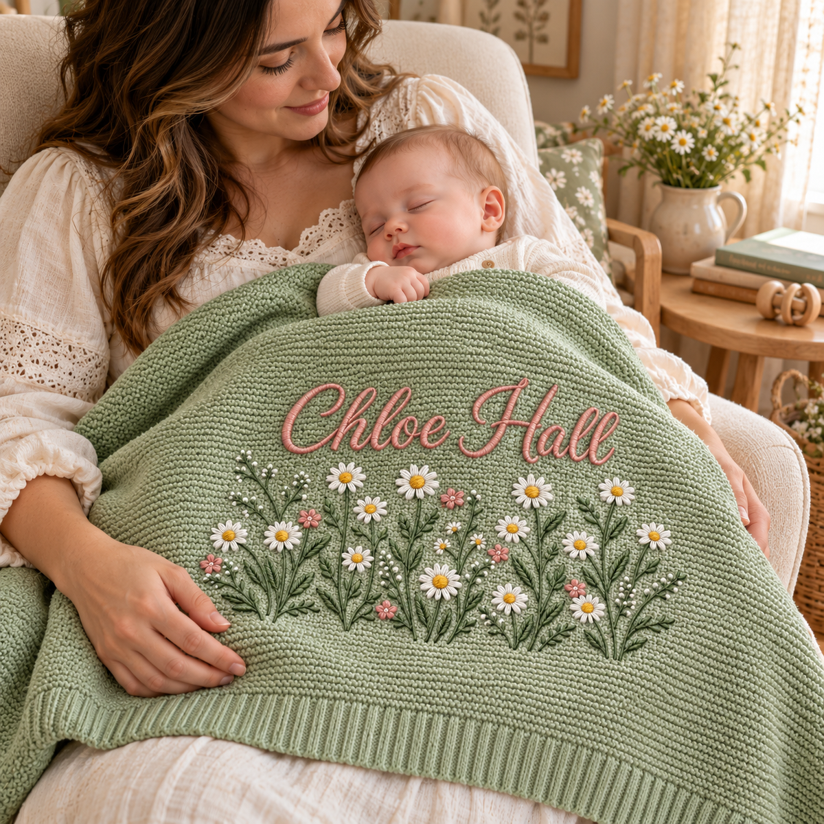 Custom Name Baby Knitted Blanket Daisy Flowers Garden Warm Infant Swaddle Sheet Throw