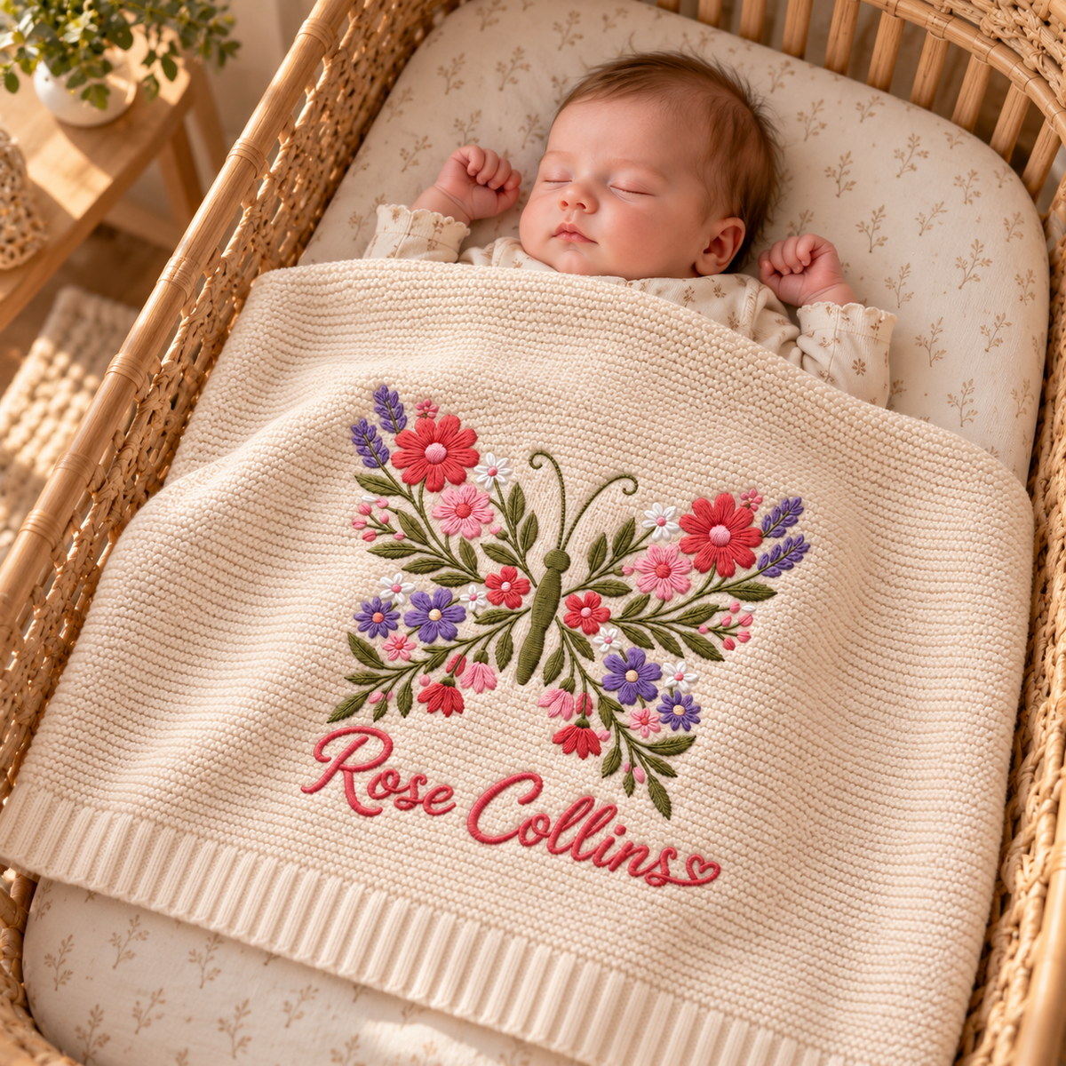 Custom Name Baby Knitted Blanket Floral Butterfly Warm Infant Swaddle Sheet Throw Cover