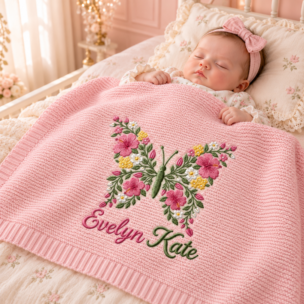 Custom Name Baby Knitted Blanket Butterfly Flowers Warm Infant Swaddle Sheet Throw Cover