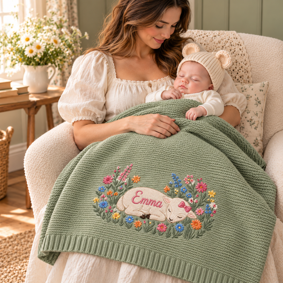 Custom Name Baby Knitted Blanket Sleeping Lamb Wildflowers Warm Infant Swaddle Sheet Throw