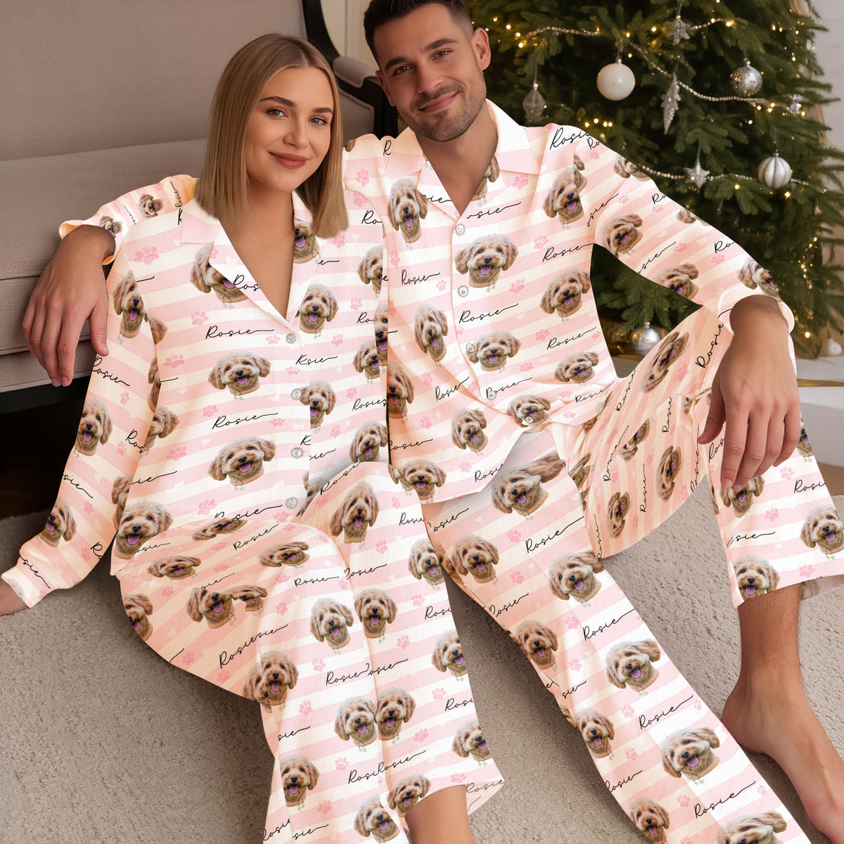 Custom Dog Face Pajamas Set Personalised Photo Name Striped Sleepwear Dog Lover Gift