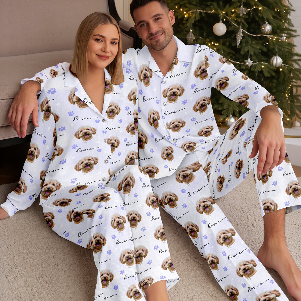 Custom Dog Face Pajamas Set Personalised Photo Name Paw Sleepwear Dog Mom Dad Gift