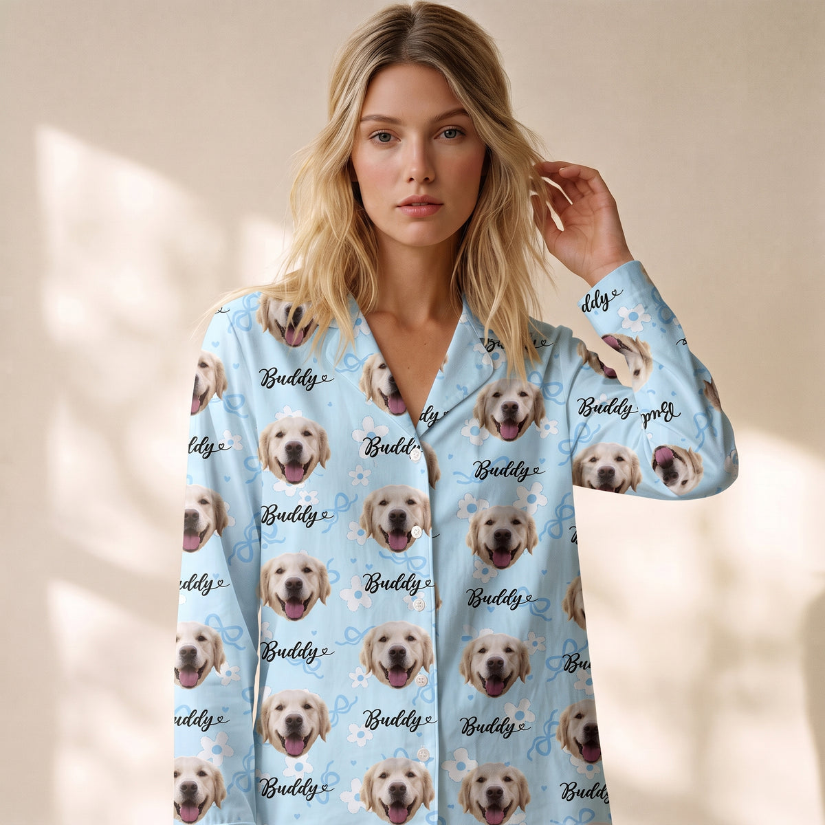 Custom Dog Face Pajamas Set Personalised Photo Name Floral Sleepwear Dog Mom Dad Gift