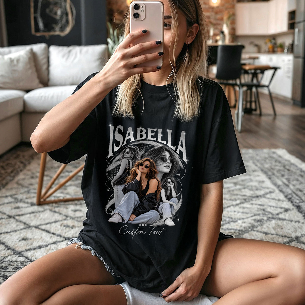 Custom Photo T-Shirt Vintage Neon Graphic Collage Shirt Custom Name Retro Sparkle Tee