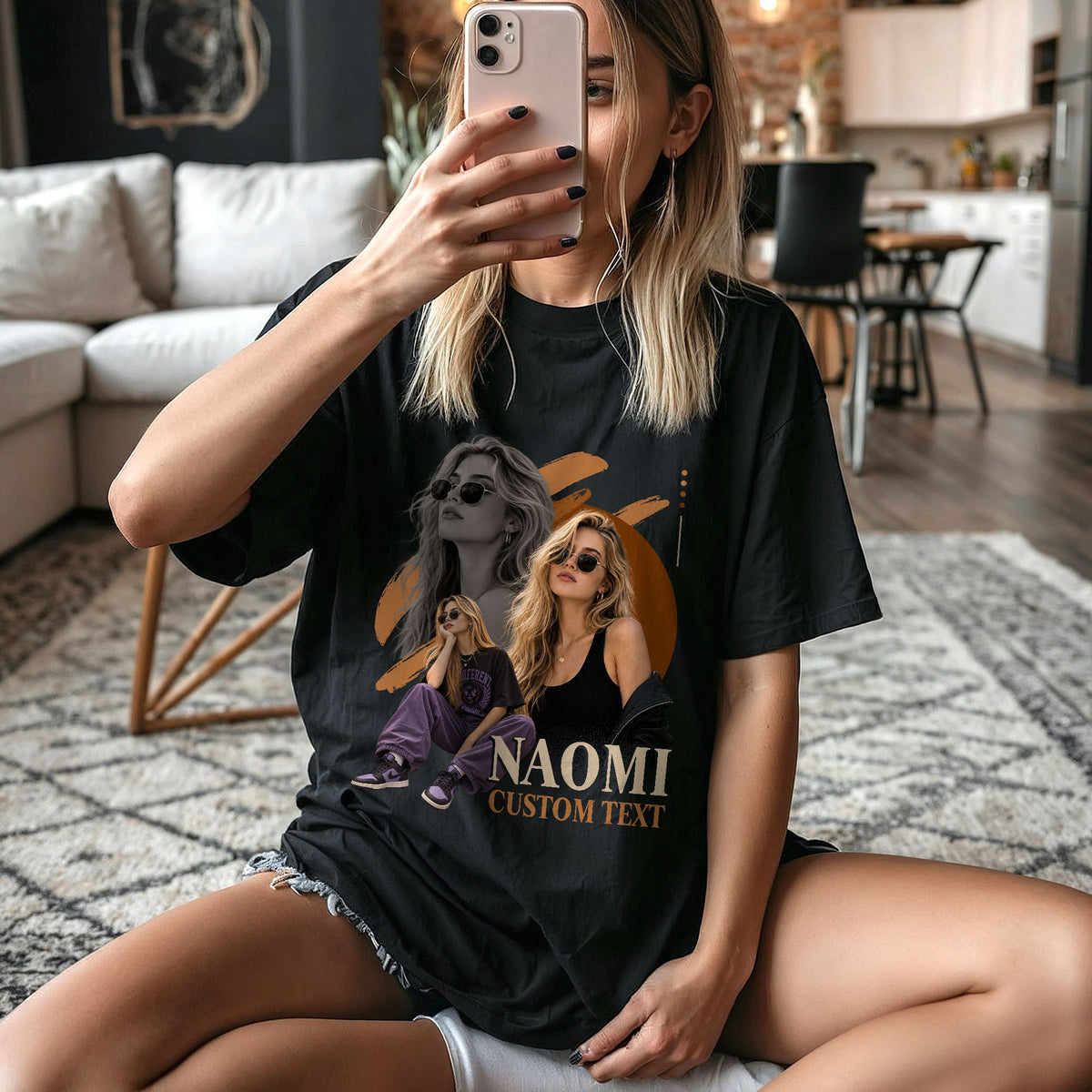 Custom Photo T-Shirt Vintage Graphic Collage Shirt Custom Name Retro Brush Stroke Tee