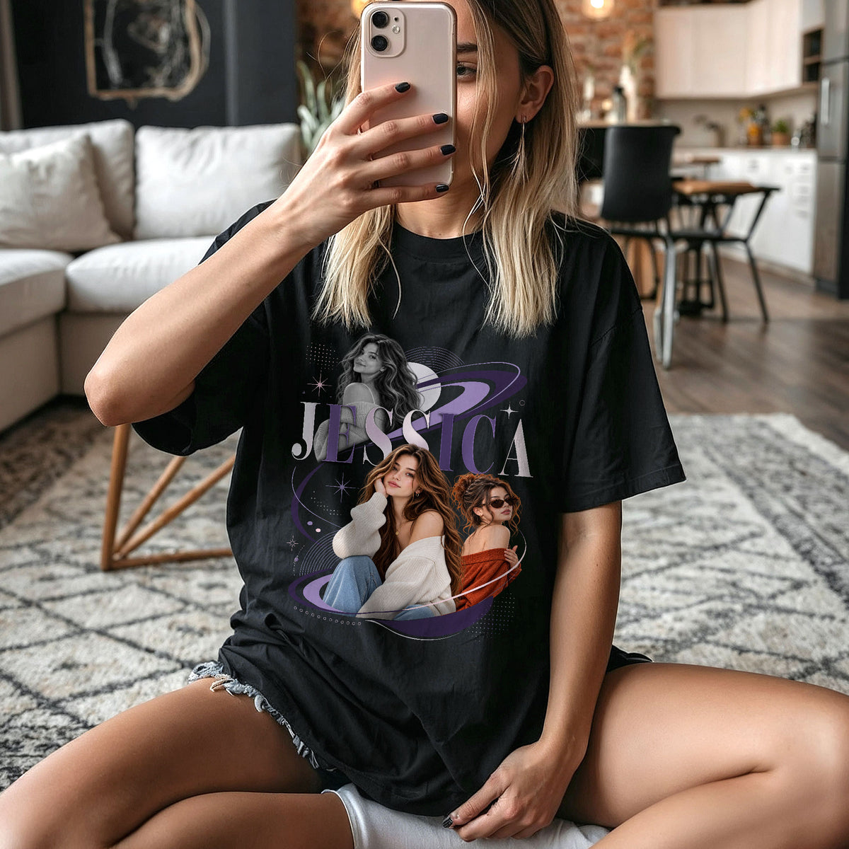 Custom Photo T-Shirt Vintage Planetary Orbit Graphic Tee Personalized Name Picture Shirt