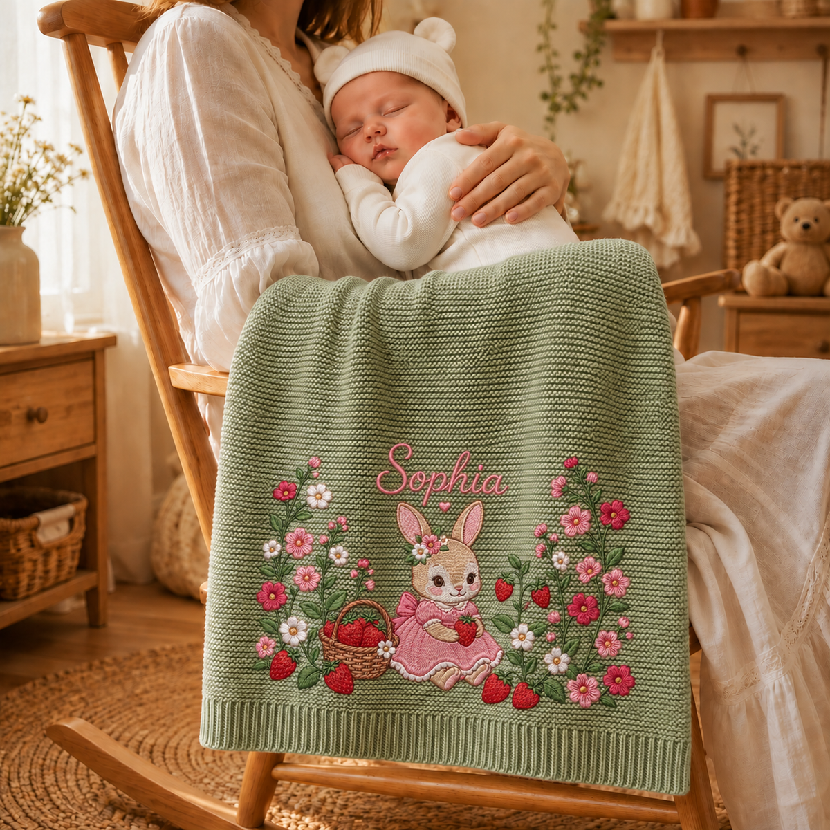 Custom Name Baby Knitted Blanket Bunny Rabbit Strawberry Flowers Warm Infant Swaddle Throw