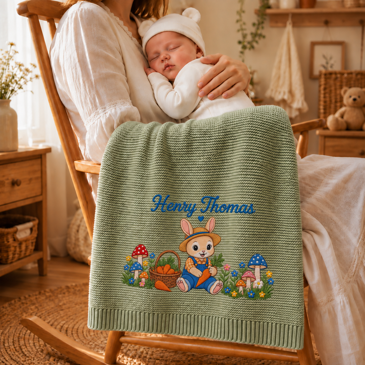 Custom Name Baby Knitted Blanket Bunny Rabbit Mushrooms Carrots Warm Infant Swaddle Throw